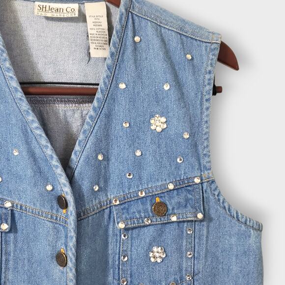 Vintage Sag Harbor Denim Floral Rhinestone Vest Medium Western Festival Indie - Picture 2 of 9